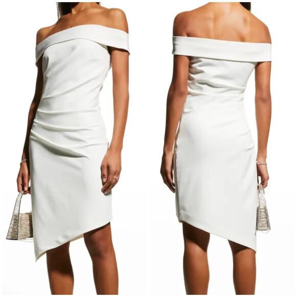 NWT Milly Ally Off-Shoulder Cady Dress Ecru White Size 12 Ruched Side Slit Hem - Picture 1 of 12